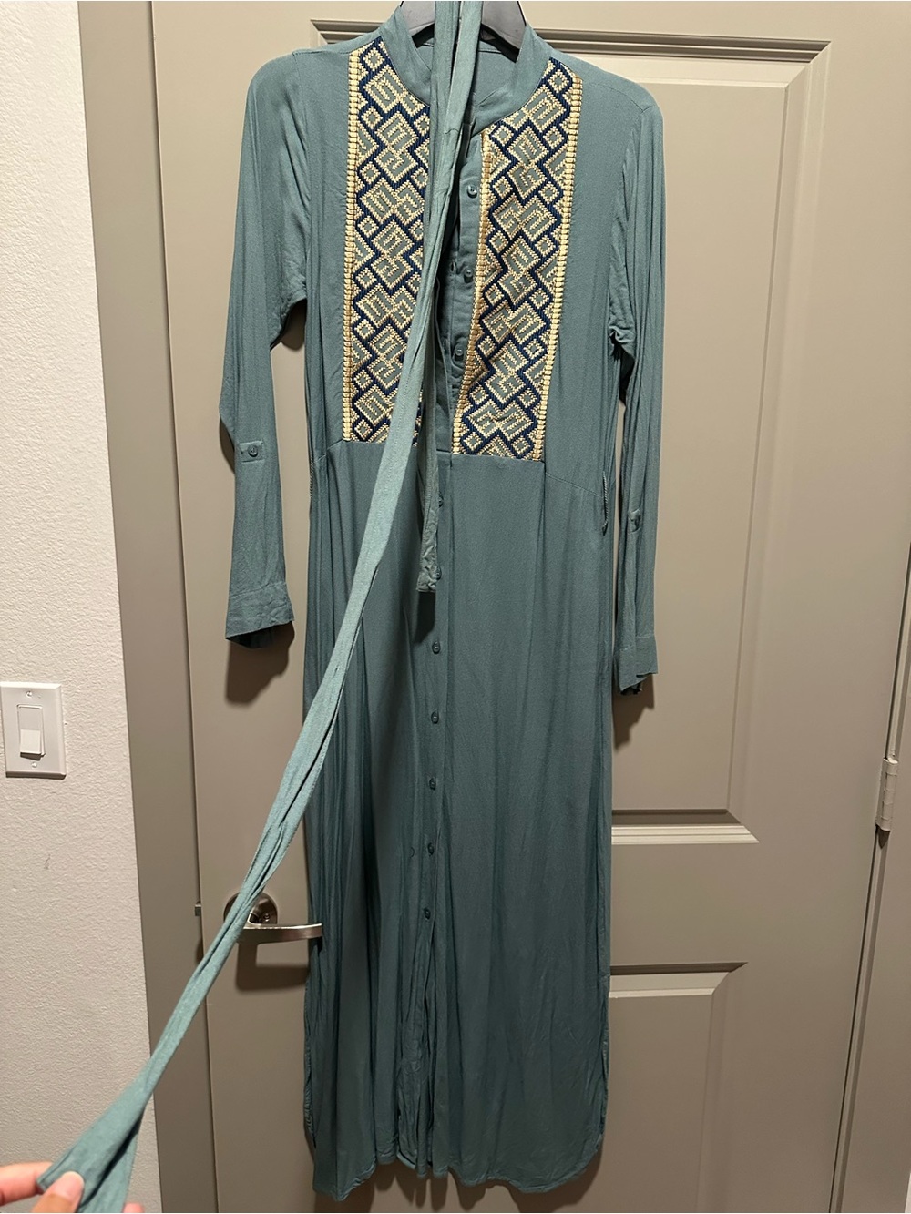 Aab Embroidered Sage Midi Dress with waist tie